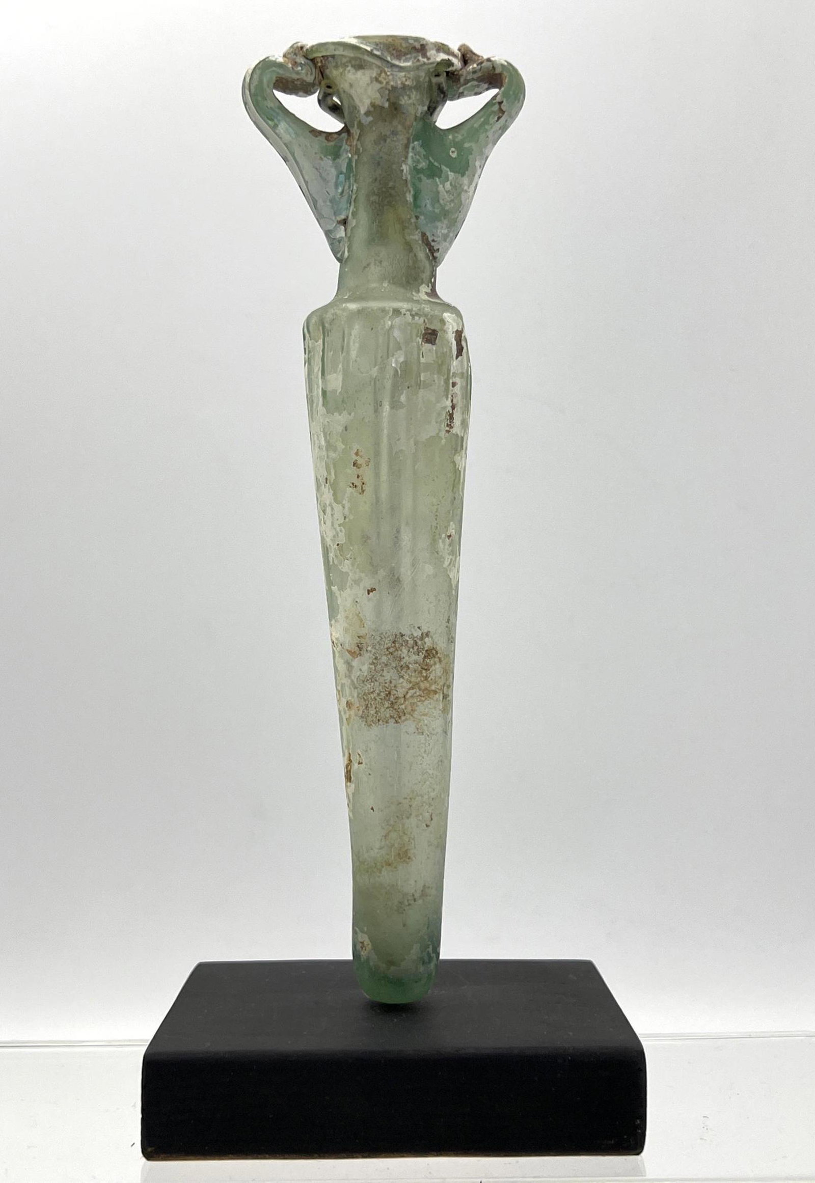 2 handled Amphora vessel Ancient Roman glass on stand. (1 of 12)