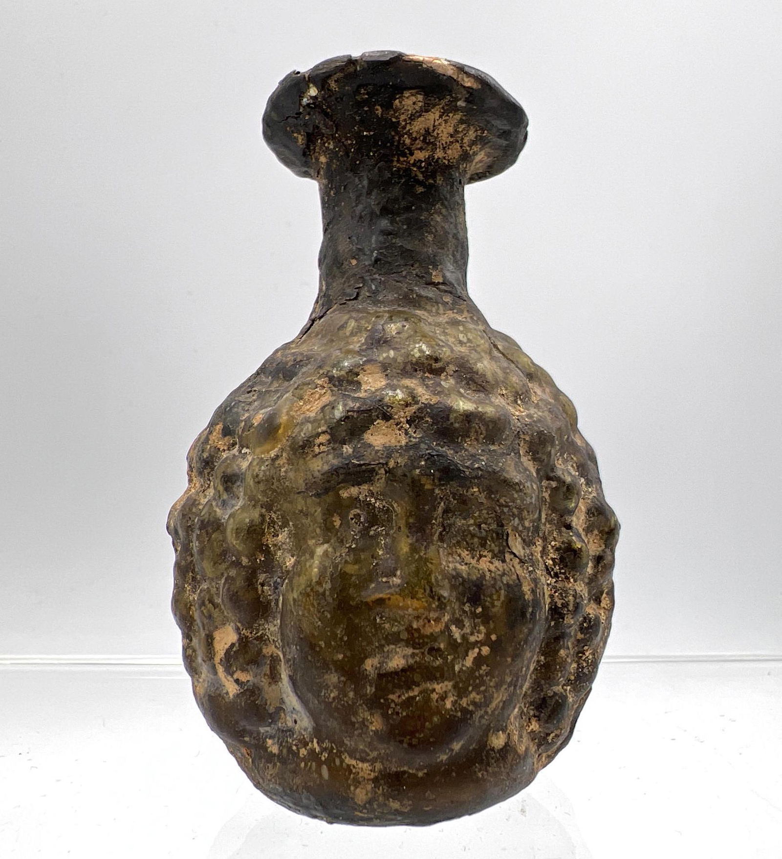 Roman glass JANUS head Aryballus Ancient Roman glass. Dark brown glass. (1 of 12)