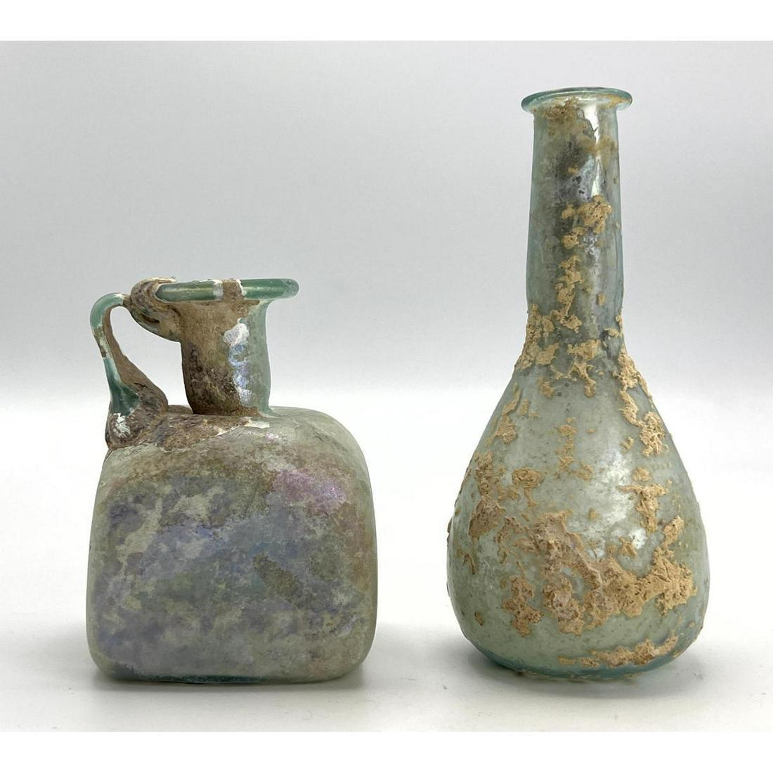 2pc light silvery green Ancient Roman glass handled jug and vase. (1 of 12)