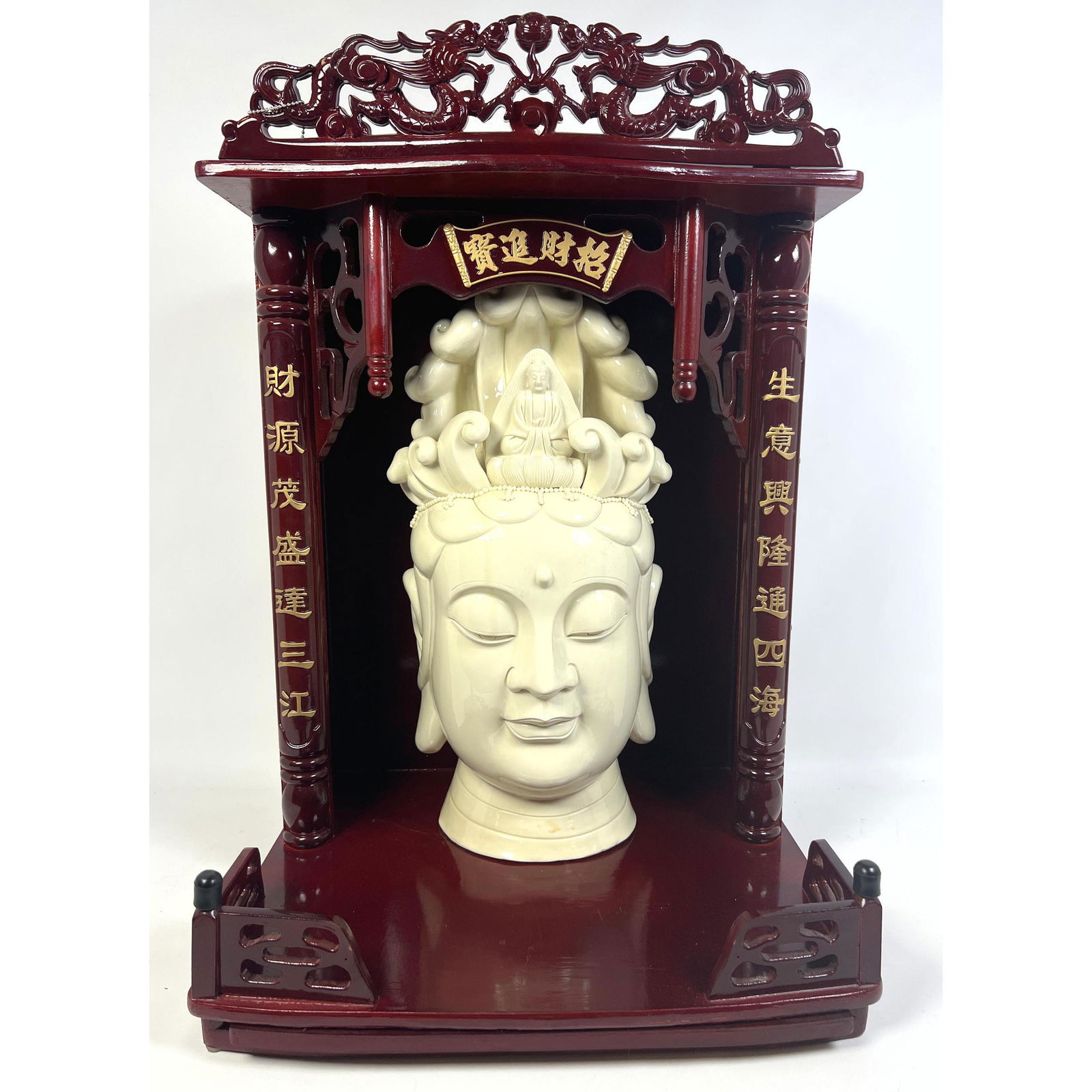 Ornate Carved Asian Display Shelf. Glazed Pottery Head. Head marked as shown. Porcelain only 21 inch (1 of 15)