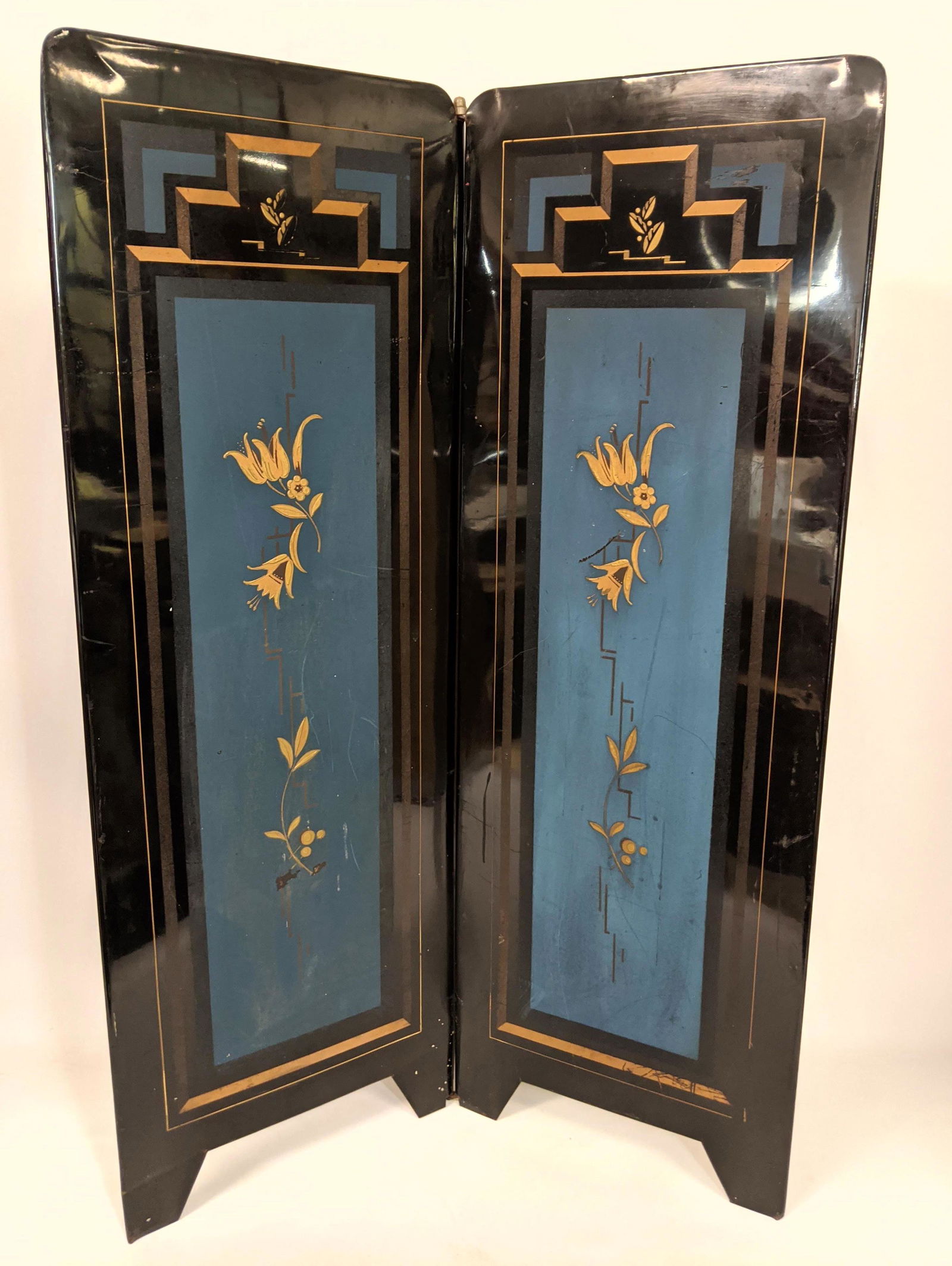 Two Panel Folding Metal Screen. Geometric bold border with floral elements. Black frame with blue in (1 of 8)