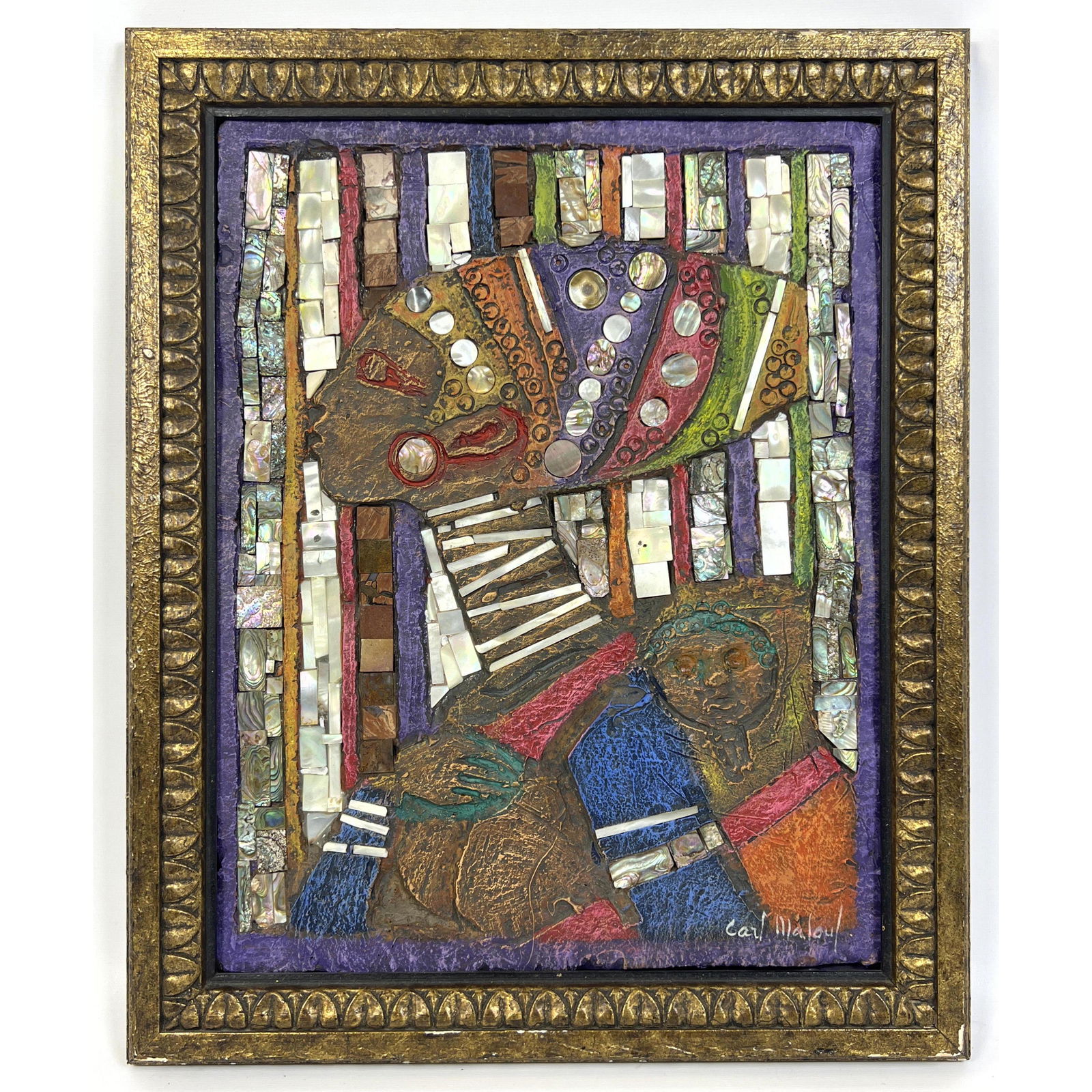 Carl Malouf Mosaic Portrait. Abalone, Mother of Pearl, Metal elements. Colorful. Signed: Carl Malouf Mosaic Portrait. Abalone, Mother of Pearl, Metal elements. Colorful. Signed Dimensions: H: 16 inches: W: 12.5 inches: Frame Height: 19 inches: Frame Width: 15.5 inches --- Uniques is close