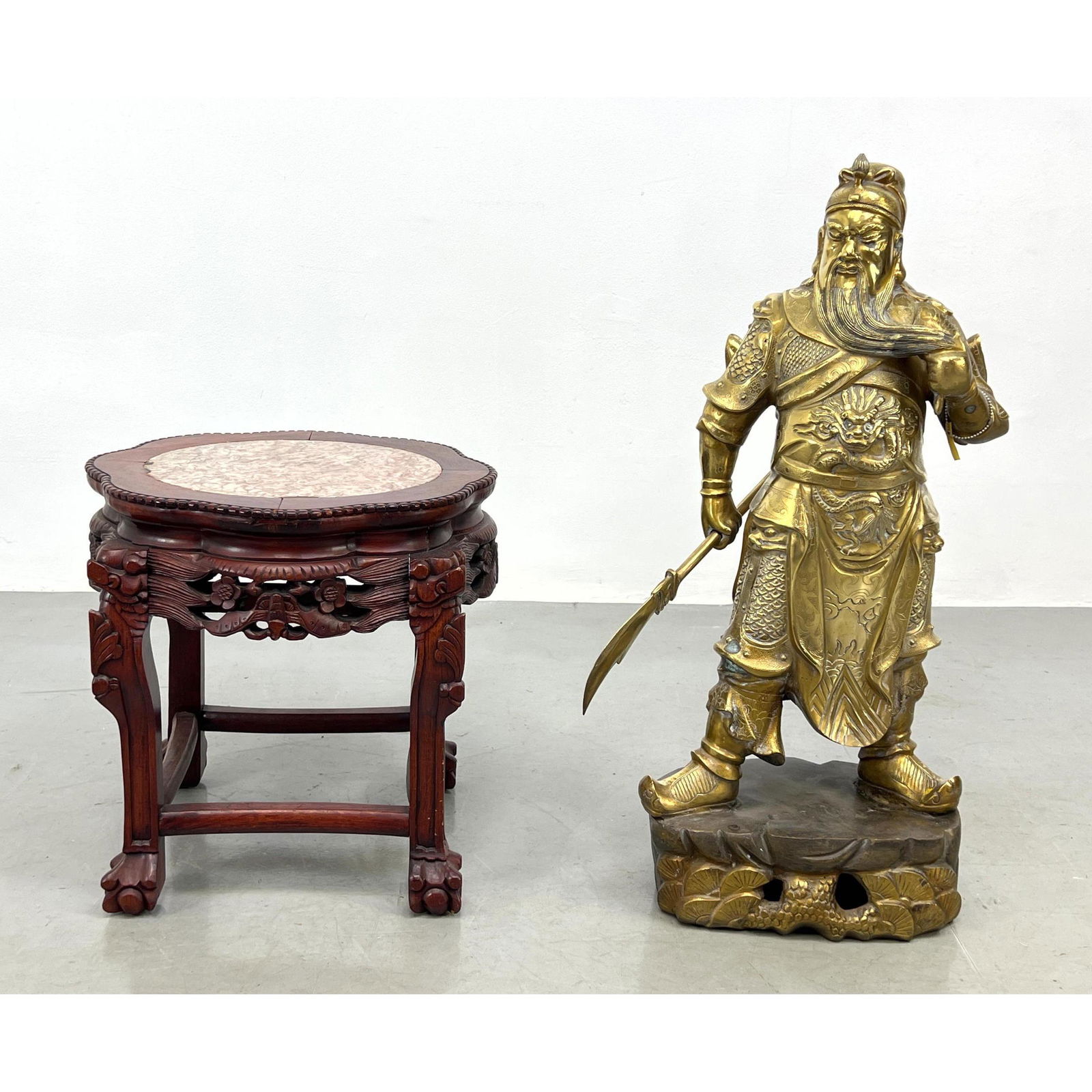 2pc Asian. Brass Asian Warrior. Carved Wood Asian Side Table; Inset marble top. Table height: 18 inc (1 of 16)