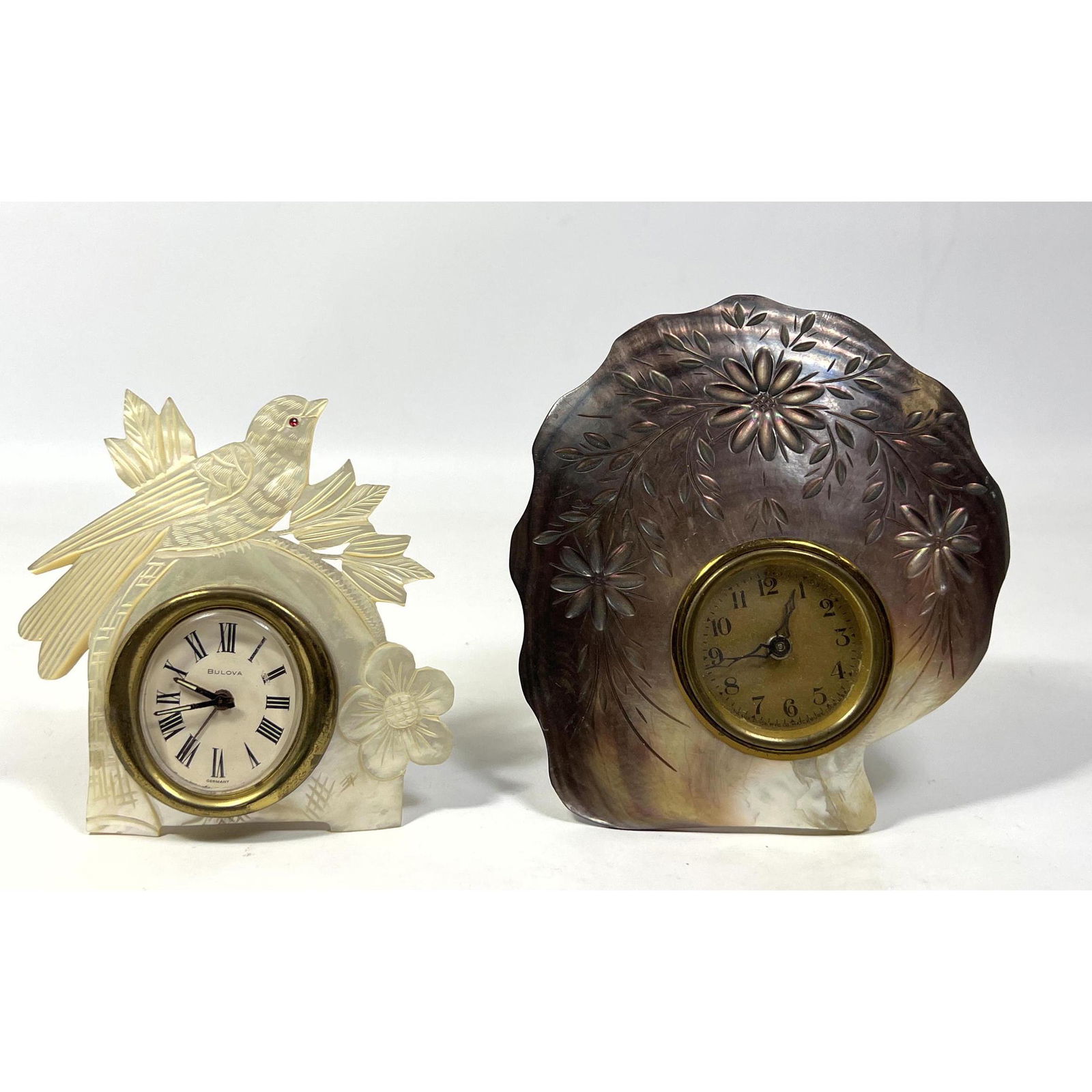 2pc Mother of Pearl Vintage Shell Frame Dresser Clocks. 1) Carved Bird MOP Frame; Replaced Quartz Cl (1 of 13)