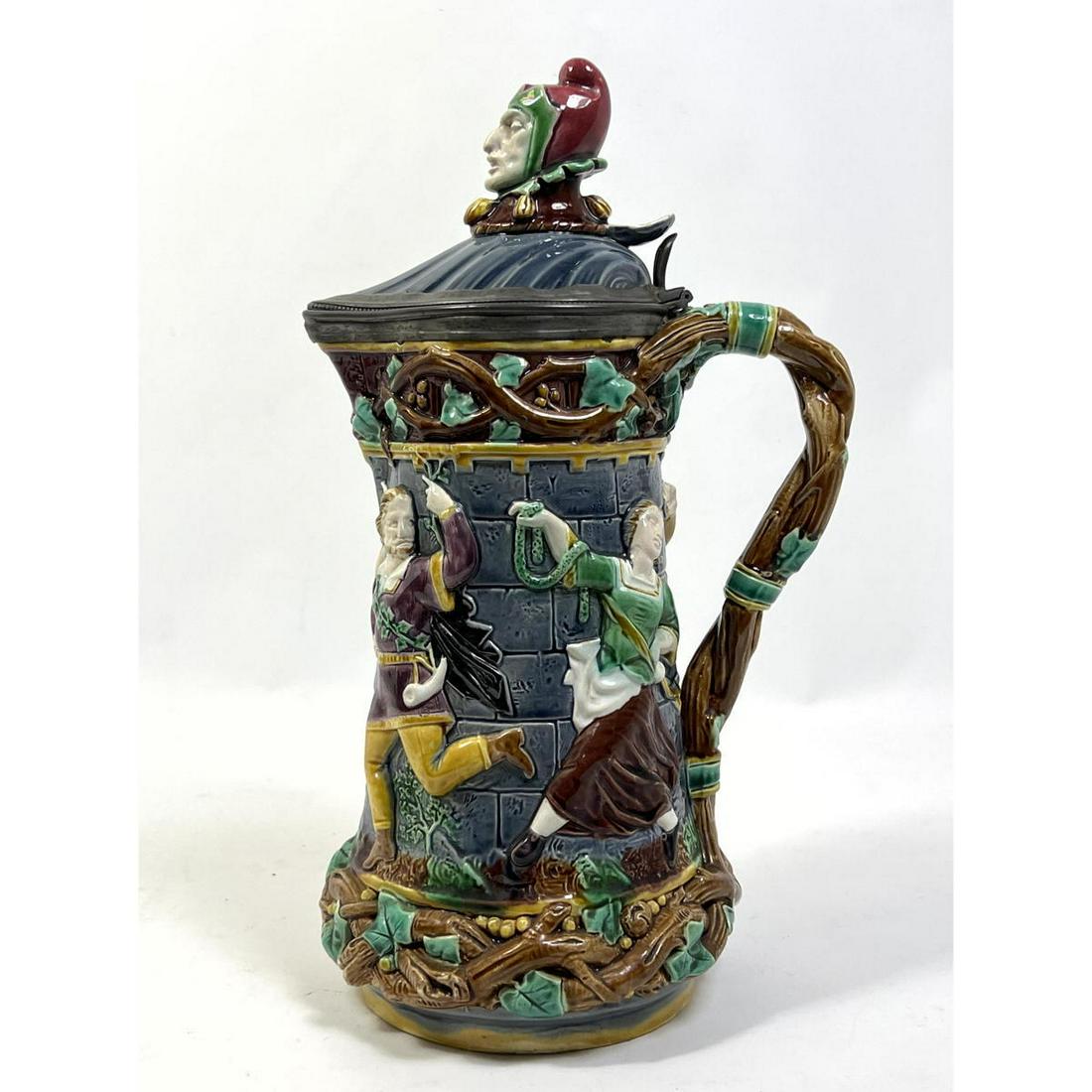 MINTON Majolica Jester pitcher tankard. Tower of London. Signed Minton M1231 (1 of 8)