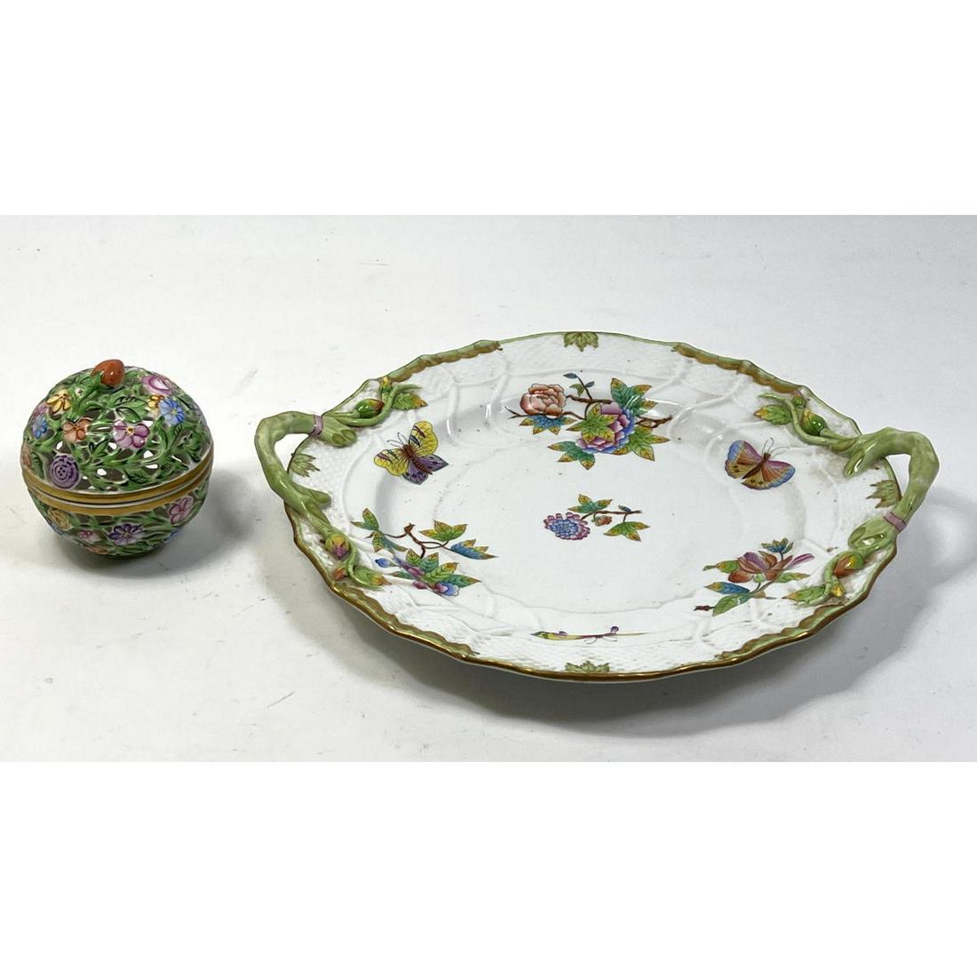 2pcs HEREND HUNGARY Porcelain. 1) Pierced lidded box. 2) Serving Plate with Handles.  Hand painted f (1 of 11)