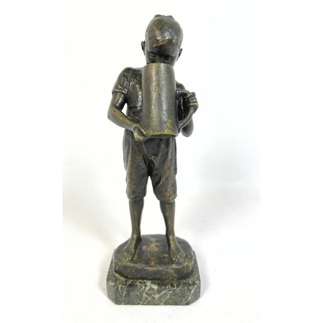 KARL HACKSTOCK bronze statue. Probeschluck. Boy drinks from large stein. Signed. (1 of 7)