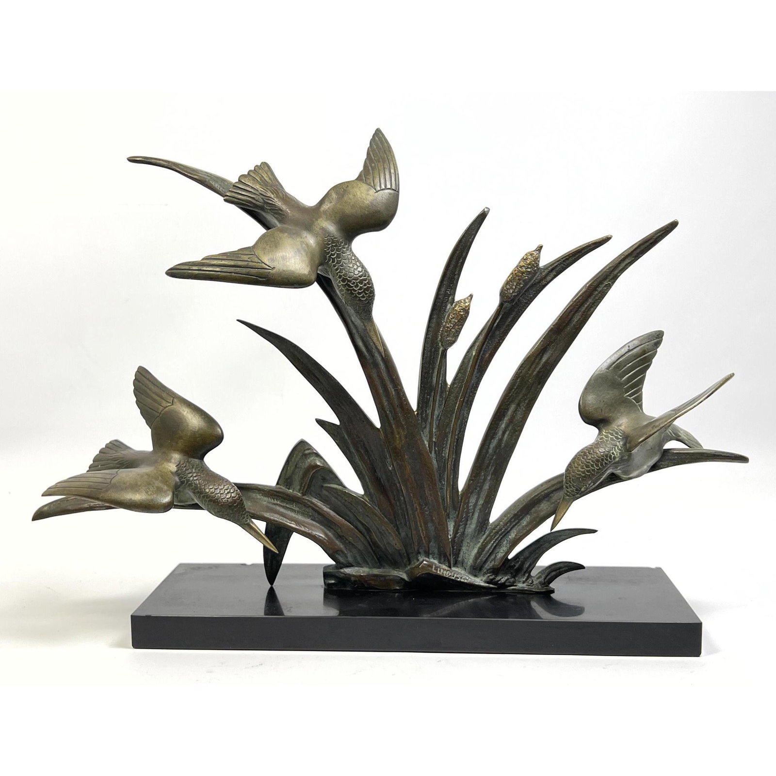 LIMOUSIN Signed Bronze Naturalist Sculpture. Three Birds rest among Marsh Grasses. Signed. (1 of 9)