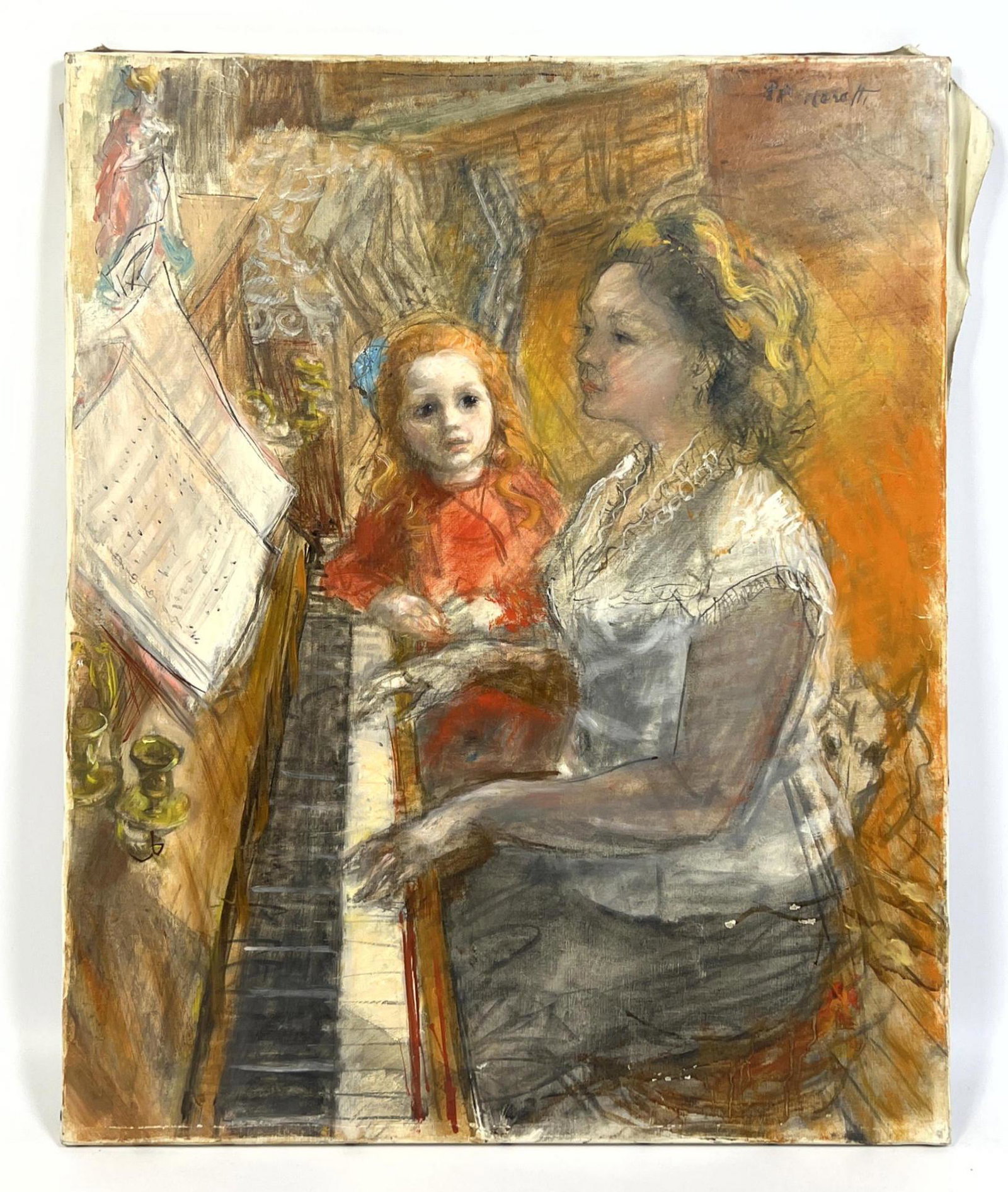 LUCIEN PHILIPPE MORETTI French painting woman mother at child at piano signed upper right painting o (1 of 10)