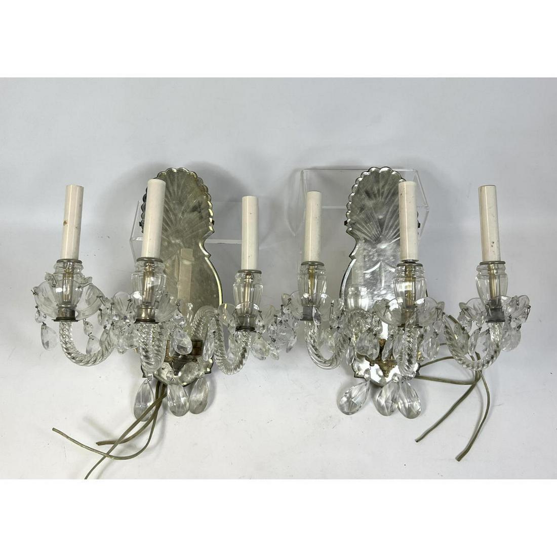 Pr Shell Form Mirror 3 Arm Vintage Wall Sconces. Crystal Arms with Teardrop Prisms. (1 of 10)