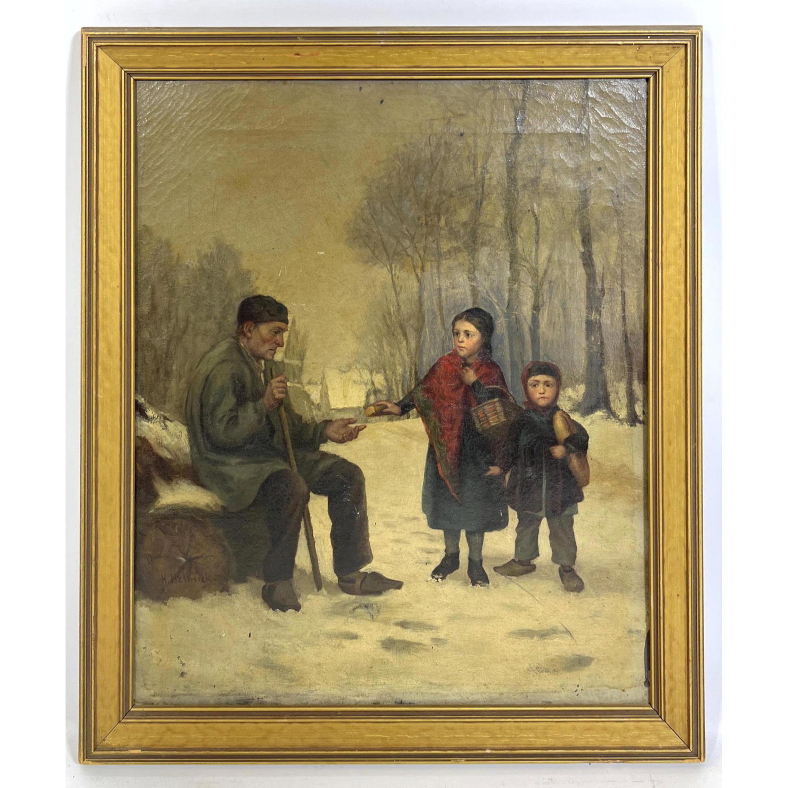 HOWARD HELMICK painting on canvas.  Two children giving bread to seated man in winter scene snow. (1 of 14)