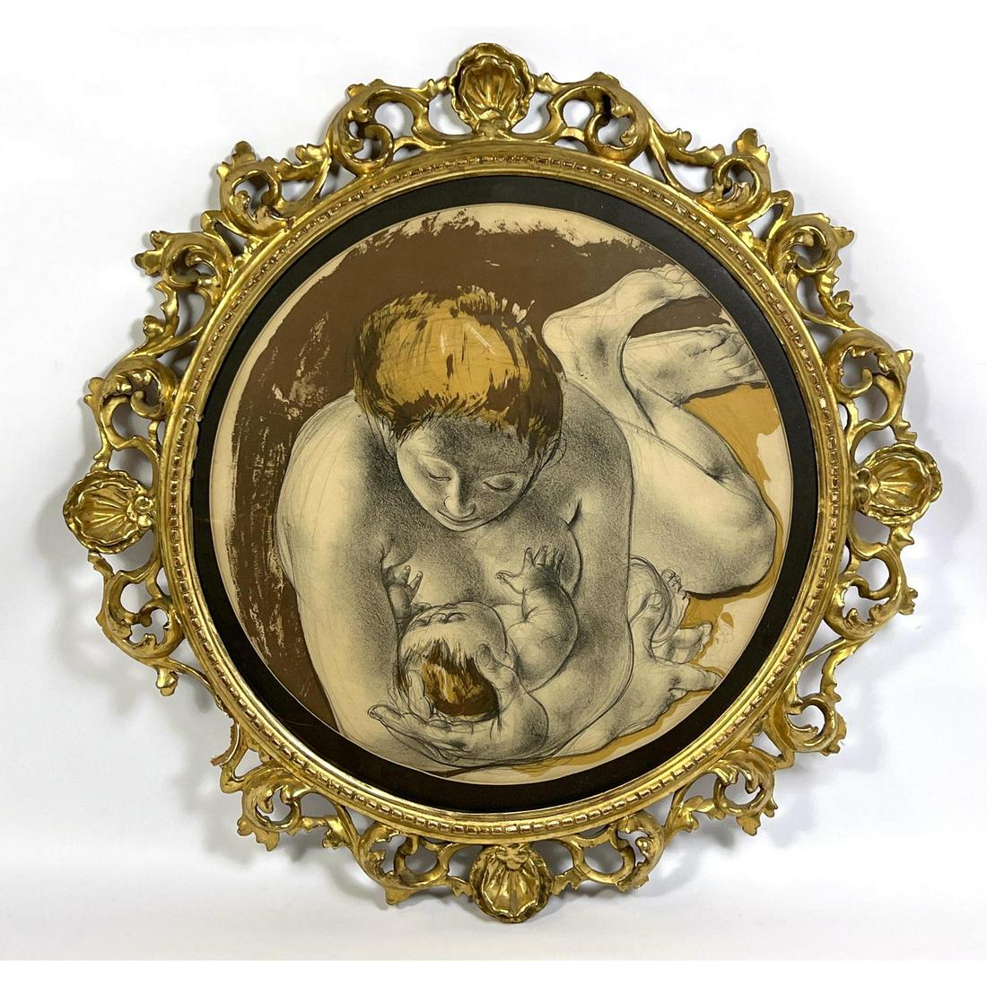 Florence Italy Gilt Carved Wood Frame. Lithograph Tondo of Mother and Child. (1 of 9)