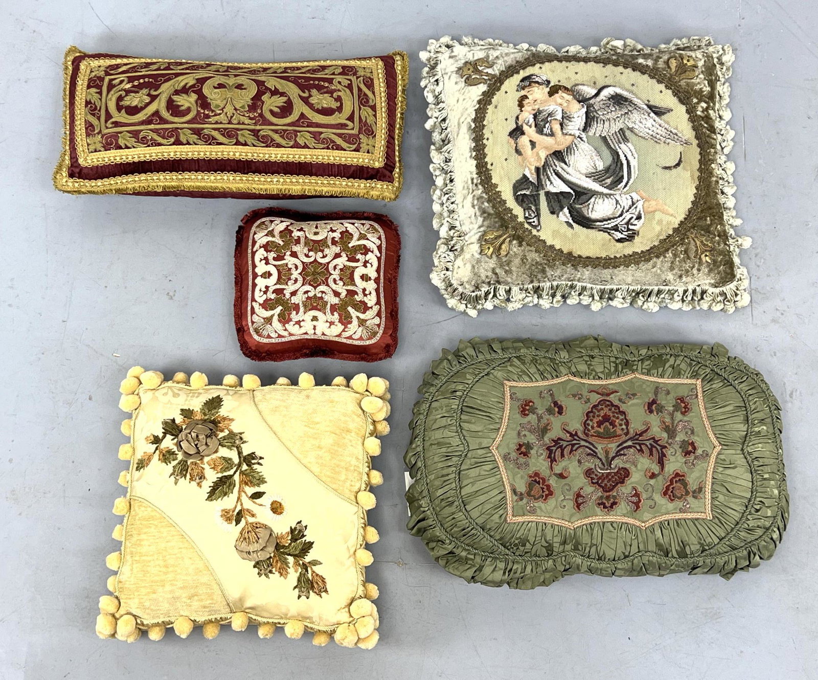 Collection 5 Vintage Textile Pillows. Rich embroidery. Venetian style gold and burgundy foliate pill (1 of 20)