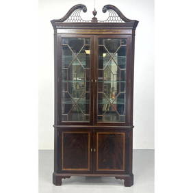L and JG STICKLEY Corner China Cabinet. Decorative broken pediment. Glass doors with lattice trim. B (1 of 12)