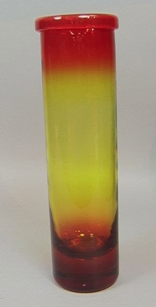 Tall Blenko Art Glass Vase. Orange with rolled t: Tall Blenko Art Glass Vase. Orange with rolled top. Unmarked.-- Dimensions: H: 15.5 inches: W: 4.25 inches --- Condition (General): Very Good Condition. Please contact us with specific questions about