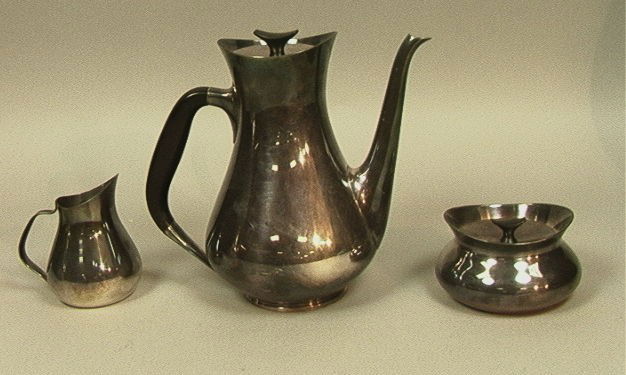 Denmark Silver Plate Coffee Service with ebony ha: Denmark Silver Plate Coffee Service with ebony handle and finials. -- Dimensions: H: 7.5 inches --- Condition (General): Some Tarnish Please contact us with specific questions about condition, not vis