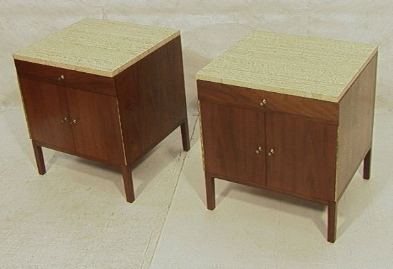 Pair Paul McCobb Calvin Side End Tables. Nightst: Pair Paul McCobb Calvin Side End Tables. Nightstands. Nice Walnut Grain with Travertine Tops.-- Dimensions: H: 24.25 inches: W: 22 inches: D: 21 inches --- Condition (General): Very Good Condition. Pl