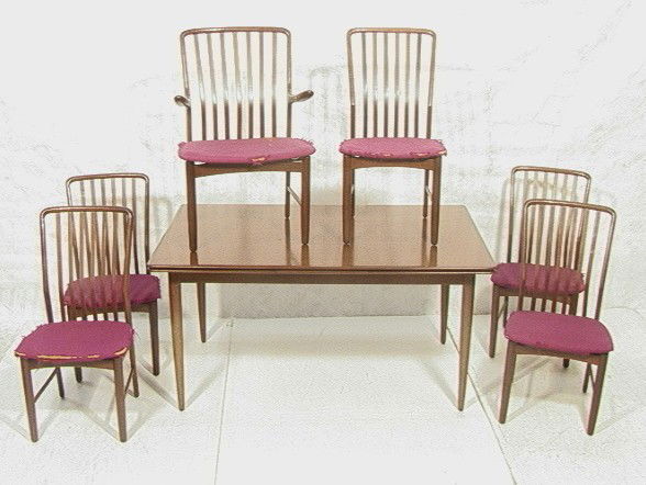 M.M. MOREDDI Danish Teak Dining Set. Table with 6: M.M. MOREDDI Danish Teak Dining Set. Table with 6 Chairs. One arm chair with 5 side Chairs. Refractory style Table. Marked. Designed by SVEN MADSEN.-- Dimensions: --- Condition (General): Upholstery v