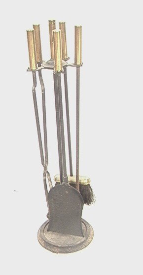 Wrought Iron Brass Handle Fireplace Tools. Four B: Wrought Iron Brass Handle Fireplace Tools. Four Brass Handled Tools on Black Iron Stand. -- Dimensions: H: 31 inches: W: 8 inches --- Condition (General): Surface Rust to Base. Please contact us with 