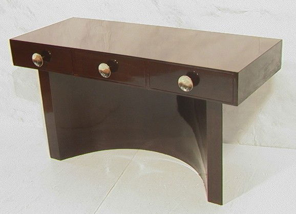 GILBERT RHODE style Black Lacquer Vanity Desk. 3: GILBERT RHODE style Black Lacquer Vanity Desk. 3 Drawers with Big Chrome Round Pulls. Sweeping Curved Base. -- Dimensions: H: 32 inches: W: 59 inches: D: 23.5 inches --- Condition (General): Drawers a