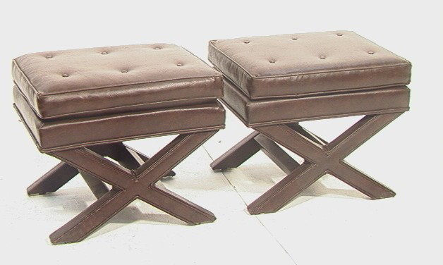 Pr BILLY BALDWIN "X" Base Stool Benches. Button T: Pr BILLY BALDWIN "X" Base Stool Benches. Button Tops. Brown upholstery. Unmarked. 2 PCS.-- Dimensions: H: 18 inches: W: 21.5 inches: D: 16 inches --- Condition (General): Very Good Condition. Please c