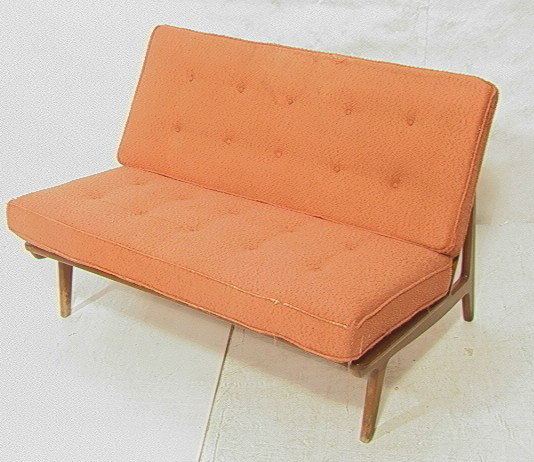 France and Deverkosen Armless Bench Love seat Cou: France and Deverkosen Armless Bench Love seat Couch. Danish Modern. -- Dimensions: H: 31.5 inches: W: 48 inches: D: 33 inches --- Condition (General): Some water stains to feet. Stains and wear to uph