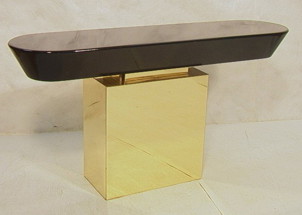 CARL SPRINGER style Hall Table. Offset base. Bla: CARL SPRINGER style Hall Table. Offset base. Black Lacquer Top over Brass Base. Unsigned.-- Dimensions: H: 30 inches: D: 15.5 inches: L: 60 inches --- Condition (General): Few Surface Scratches Please