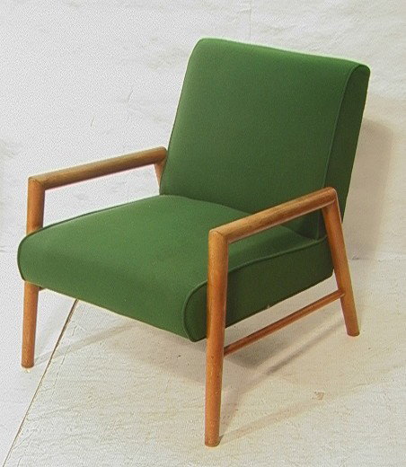 Robsjohn Gibbings Style Lounge Chair. American M: Robsjohn Gibbings Style Lounge Chair. American Modern. Unmarked.-- Dimensions: H: 30.5 inches: W: 24.5 inches: D: 32 inches --- Condition (General): Stains to upholstery. A few dings. Please contact u
