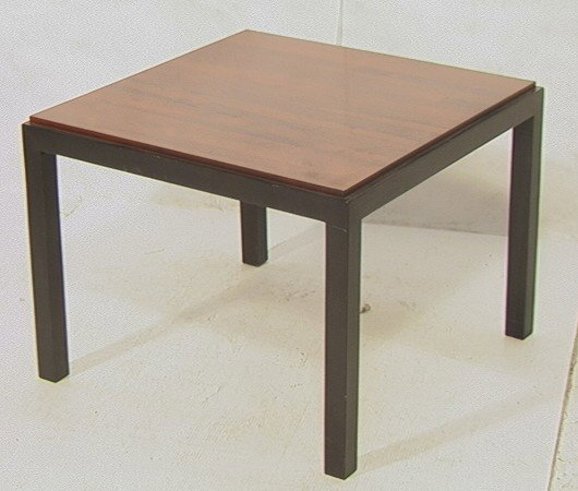 Dunbar Style Occasional Side Table. Rosewood to: Dunbar Style Occasional Side Table. Rosewood top on ebonized frame. Butcher block pattern.-- Dimensions: H: 21 inches: W: 28 inches --- Condition (General): Crackling to finish and some blemishes to t