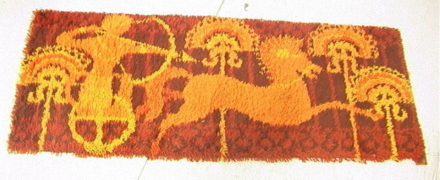 EGE RYA Shag Area Rug Carpet. Gladiator with Hors: EGE RYA Shag Area Rug Carpet. Gladiator with Horse. Warm Red, Orange and Yellow Tones. Leather EGE RYA tag.-- Dimensions: : D: 28 inches: L: 69 inches --- Condition (General): Very Good Condition. Ple