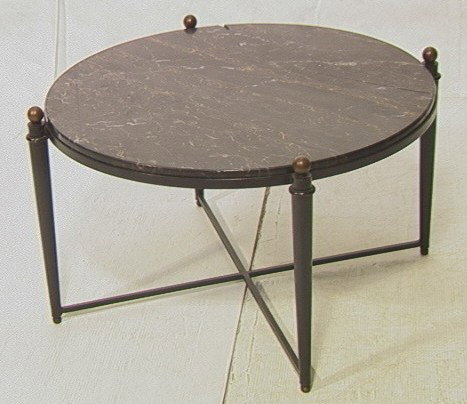 Decorator Regency Style Coffee Cocktail Table. Bl: Decorator Regency Style Coffee Cocktail Table. Black Marble. Bronzed color caps.-- Dimensions: H: 17.5 inches: W: 30.5 inches --- Condition (General): Marble cracked and with chip. Please contact us w
