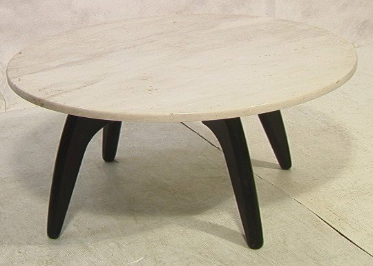Modernist Marble Top Coffee Cocktail Table with E: Modernist Marble Top Coffee Cocktail Table with Ebonized Base. 3/4 in thick marble.-- Dimensions: H: 15.5 inches: W: 36 inches --- Condition (General): Wear to base. Please contact us with specific qu