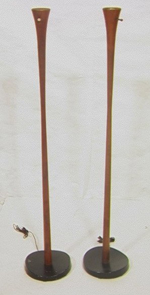 Pair American Modern Torch Floor Lamps with Walnu: Pair American Modern Torch Floor Lamps with Walnut Columns. Phil Powell Style.-- Dimensions: H: 56 inches: W: 10 inches --- Condition (General): Some stains to wood Losses to black paint on metal base