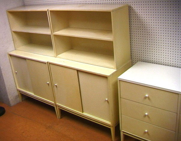 4 pcs Paul McCobb Planner Group Cabinets Bookcase: 4 pcs Paul McCobb Planner Group Cabinets Bookcase. All White. Replaced Handles. Double Dresser has Laminate Top.-- Dimensions: H: 58 inches: W: 36 inches: D: 18 inches --- Condition (General): Some fa