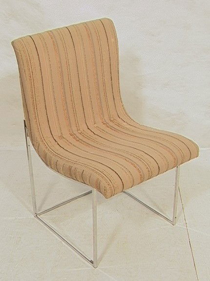 Thayer Coggin Milo Baughman Armless Chair. Label: Thayer Coggin Milo Baughman Armless Chair. Labeled. Chrome Frame. Style 1228-- Dimensions: H: 32.5 inches: W: 18 inches: D: 23 inches --- Condition (General): Very Good Condition. Stained upholstery.