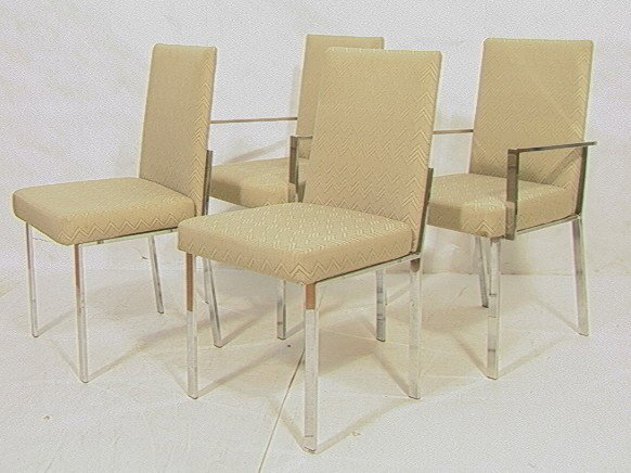 Set 4 Milo Baughman Style Chairs. Two with Arms.: Set 4 Milo Baughman Style Chairs. Two with Arms. Heavy Flat Chrome Frames.-- Dimensions: H: 36.5 inches: W: 21.5 inches: D: 20 inches --- Condition (General): Very Good Condition. Please contact us wi