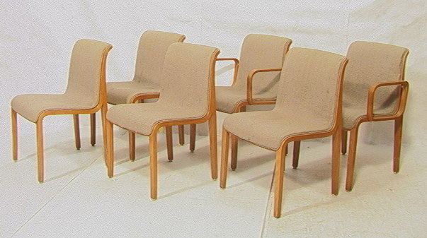 6 Knoll International Dining Chairs. Two with ar: 6 Knoll International Dining Chairs. Two with arms. Molded wood frames. Labeled.-- Dimensions: H: 32 inches: W: 18.5 inches --- Condition (General): Wear to finish soiled upholstery. Please contact us