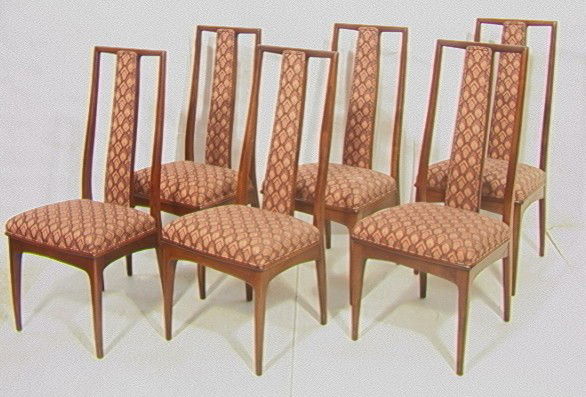 Set 6 John Stuart Tall Back Dining Chairs. Uphol: Set 6 John Stuart Tall Back Dining Chairs. Upholstered seat and back.-- Dimensions: H: 41.5 inches: W: 20 inches: D: 21 inches --- Condition (General): Hand gunk top rail. Needs some tightening. Pleas