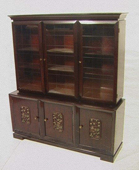 James Mont Attribution Two Part Cabinet. Glass d: James Mont Attribution Two Part Cabinet. Glass door top on Three Door Base. Asian Motif. Unmarked.-- Dimensions: H: 67.5 inches: W: 56 inches: D: 16 inches --- Condition (General): Surface scratches a