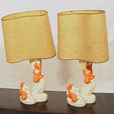 Pair 50's Modern Plaster Fish Table Lamps. Koi F: Pair 50's Modern Plaster Fish Table Lamps. Koi Fish with glass panels. Shaped shades.-- Dimensions: H: 34.5 inches: W: 18.5 inches: D: 14 inches --- Condition (General): Very Good Condition. Some loss