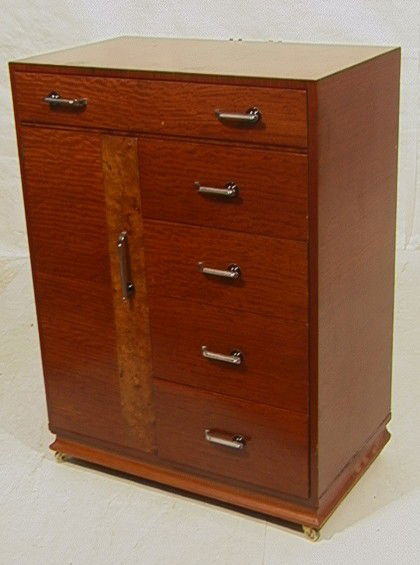 Williamsford Art Deco Tall Chest Dresser. Burled: Williamsford Art Deco Tall Chest Dresser. Burled wood accents. Chrome and wood pulls.-- Dimensions: H: 48 inches: W: 34 inches: D: 20 inches --- Condition (General): Some edge wear and surface blemish