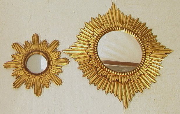 2 Decorator Gilt Gesso Wood Wall Mirrors. Sunbur: 2 Decorator Gilt Gesso Wood Wall Mirrors. Sunburst Design.-- Dimensions: H: 34 inches: W: 34 inches --- Condition (General): Some chips and losses to points on larger. Please contact us with specific 
