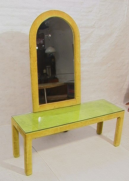 SELIG Crushed Velvet Console Hall Table with Mirr: SELIG Crushed Velvet Console Hall Table with Mirror. Glass Top.-- Dimensions: H: 24 inches: D: 20 inches: L: 60 inches --- Condition (General): Fading and discoloration to velvet. Please contact us wi