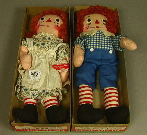 Raggedy Ann And Andy Rag Dolls. Original tag and: Raggedy Ann And Andy Rag Dolls. Original tag and boxes. 1951. Johnny Gruelle-- Dimensions: H: 14.5 inches --- Condition (General): Very Good Condition. Please contact us with specific questions about 