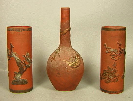 3pcs Asian Redware Vases. Carved Pottery. Birds: 3pcs Asian Redware Vases. Carved Pottery. Birds and Dragons.-- Dimensions: --- Condition (General): Very Good Condition. Please contact us with specific questions about condition, not visible in the p