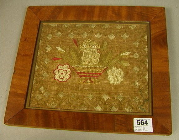 Antique Framed Needlework Flower Basket Sampler.: Antique Framed Needlework of Flower Basket. Mary Shepherd Sampler.-- Dimensions: H: 7.5 inches: W: 8.75 inches --- Please contact us with specific questions about condition, not visible in the photos.