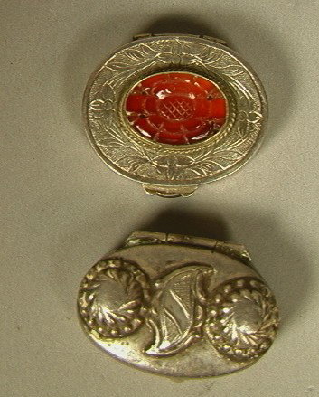 2 Antique Silver Pill Boxes. Chinese sterling si: 2 Antique Silver Pill Boxes. Chinese sterling silver with carved stone. Small oval unmarked.-- Dimensions: H: 1 inches: W: 1.25 inches --- Condition (General): Very Good Condition. Please contact us w