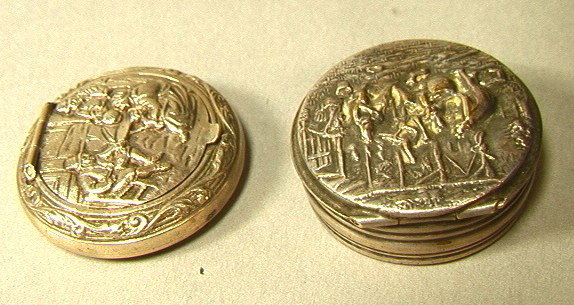 2 Antique Silver Pill Boxes. 800. One Denmark w: 2 Antique Silver Pill Boxes. 800. One Denmark with Scene and One Stamped with scene. 1.24oz-- Dimensions: H: 1.7 inches--- Weight: 1.24 Troy ozs. ---- --- Condition (General): Very Good Condition. Ple