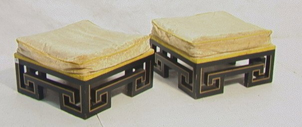 Pair James Mont Attribution Ottoman Footstools.: Pair James Mont Attribution Ottoman Footstools. Ebonized frames with Gold Highlights.-- Dimensions: H: 12 inches: W: 21 inches --- Condition (General): Some dings to wood. Worn upholstery and foam. Pl