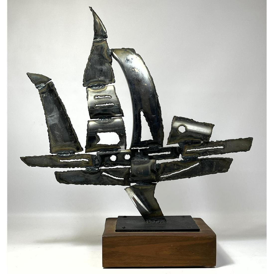 Brutalist Torch Cut Steel Nautical Sculpture. Wood base. (1 of 9)